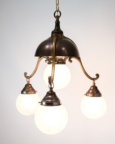 3-arm Chandelier - Burnished Brass & Opal Glass Balls - Art Nouveau - 1930s