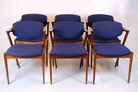 Set of Six Dining Chairs - Model 42 - Teak & Blue Fabric - Kai Kristiansen - Schou Andersen - 1960s