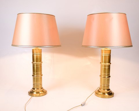 Set of Two Vintage Table Lamps - Brass Base - Retro Style - Pink Lampshades - 1970s