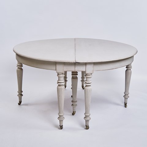 Round Dining Table - Gustavian Style - Gray Painted - Round Legs - Brass Wheels - 1780s