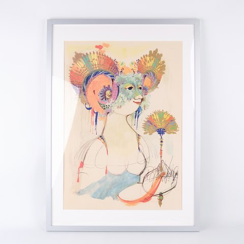 Serigraphic Poster By Bjørn Wiinblad - Motif Of Woman With Fan - Signed - 1970s