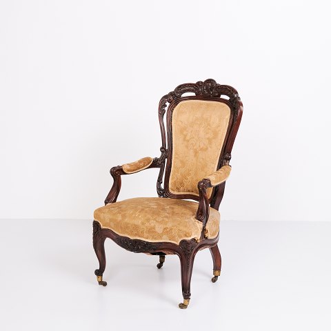 Antique Armchair - Rococo Style - Mahogany & Floral Upholstery - 1890s