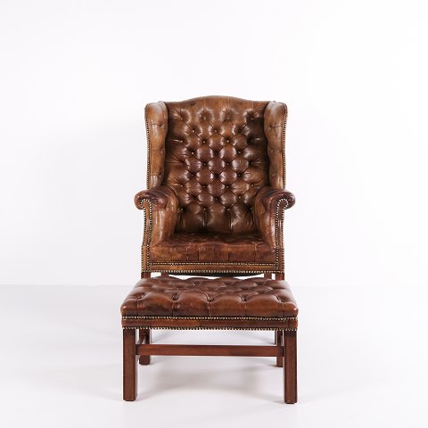 Wingback Armchair – Brown Original Leather – With Footstool – George III Style – c. 1910