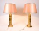 Set of Two Vintage Table Lamps - Brass Base - Retro Style - Pink Lampshades - 1970s